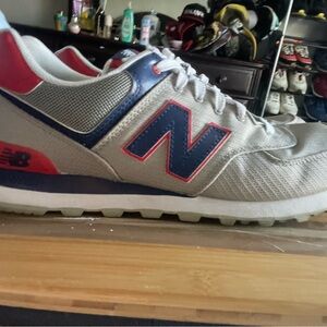 New Balance 574 Men's Gray, Red, and Blue Sneakers